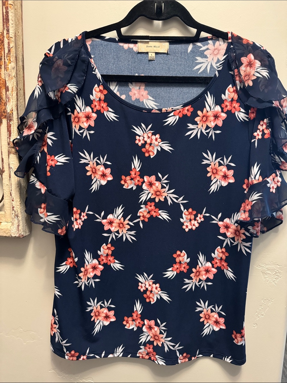 Anna Belle Navy Floral Ruffle-Sleeve Blouse